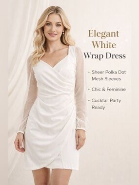 ASOS White Wrap Dress Sheer Polka Dot Mesh Sleeve Elegant Cocktail Party Size 6
